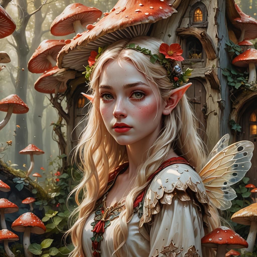 Beautiful Elf Fairy with Mushroom Home, Hyperrealistic Art
