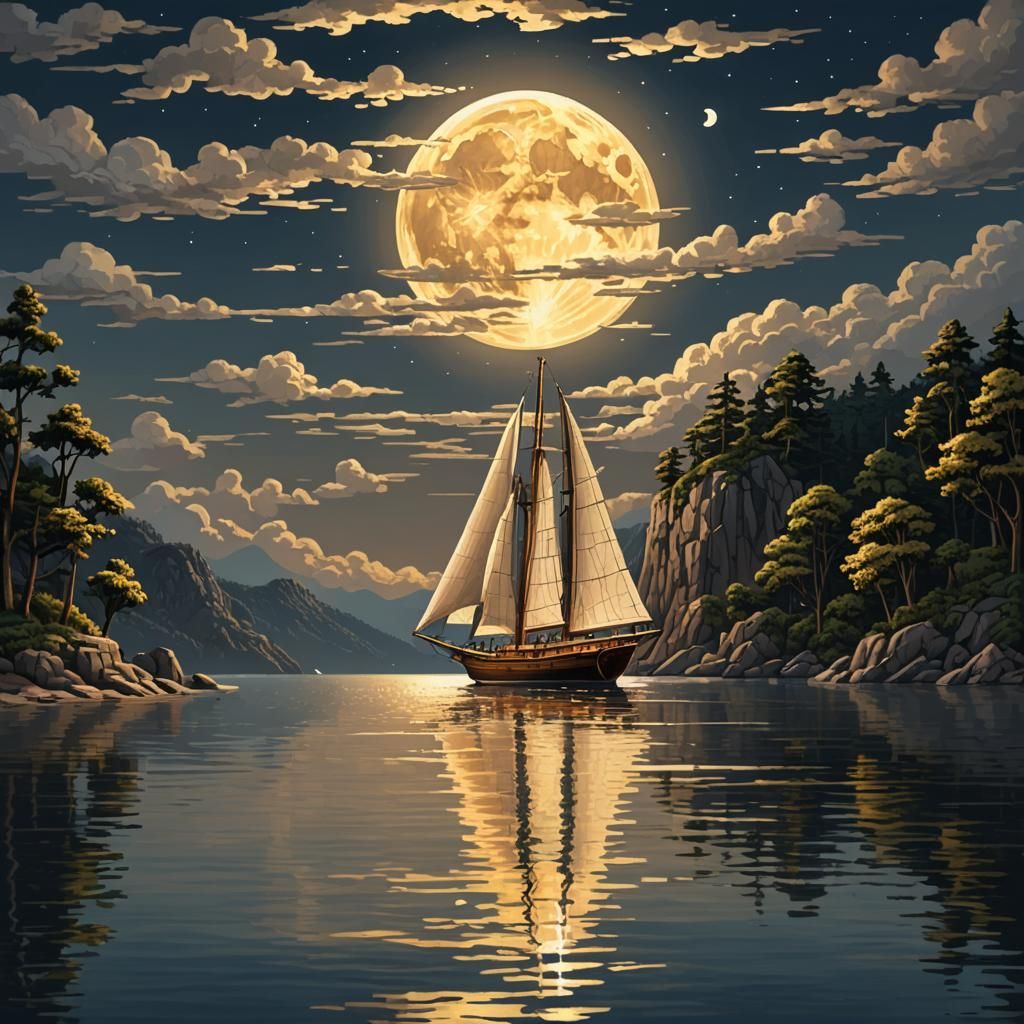 Golden Moonlit Sailboat in Realistic Pixel Art