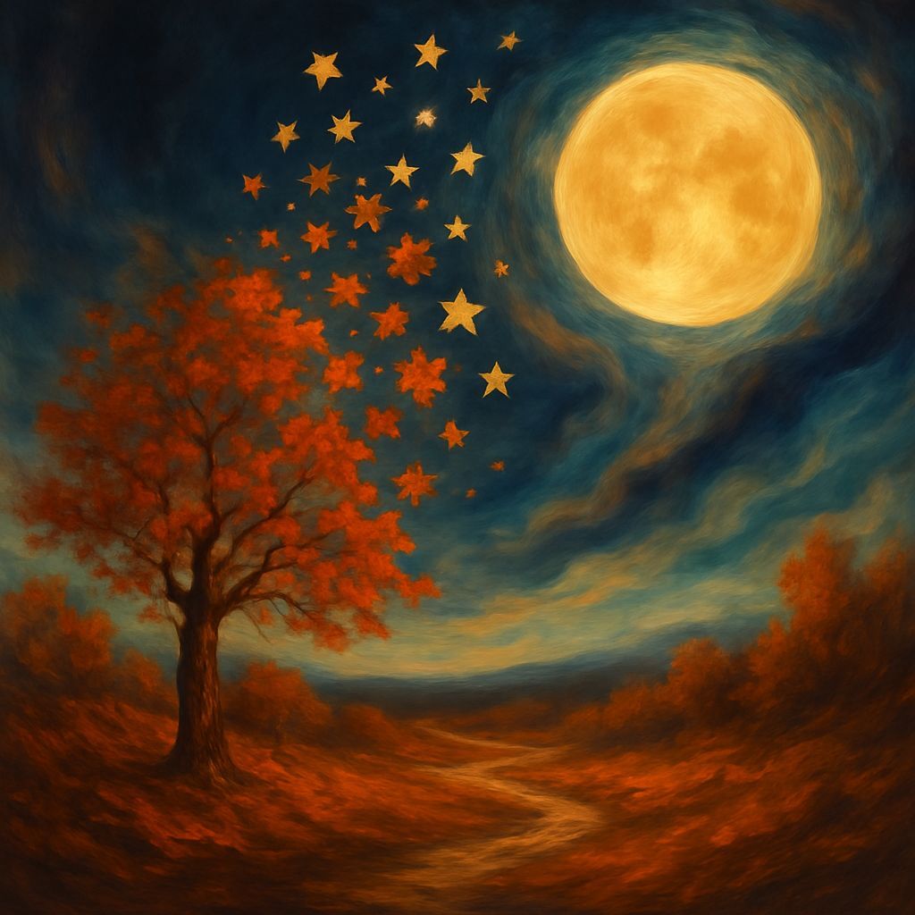 Surreal Autumn Landscape with Floating Leaves and Stars