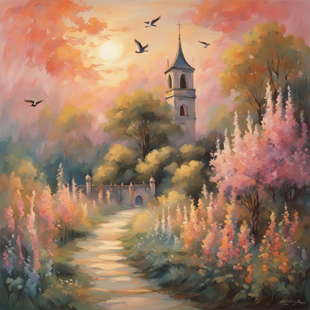 A serene spring fantasy landscape.