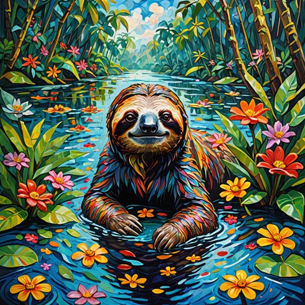 Sloth Swimming in Amazon River: Neo-Impressionist Oil Painti...