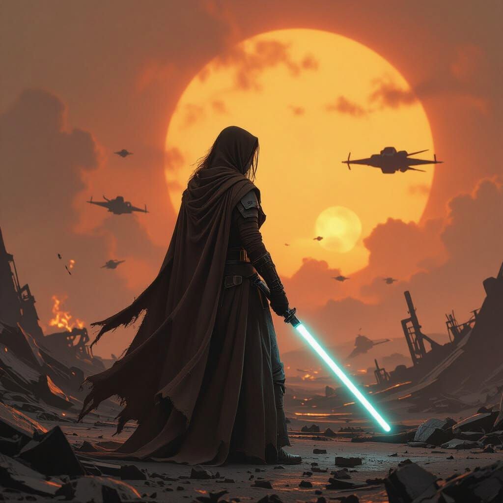Jedi Knight Silhouette Amidst Collapsing Star