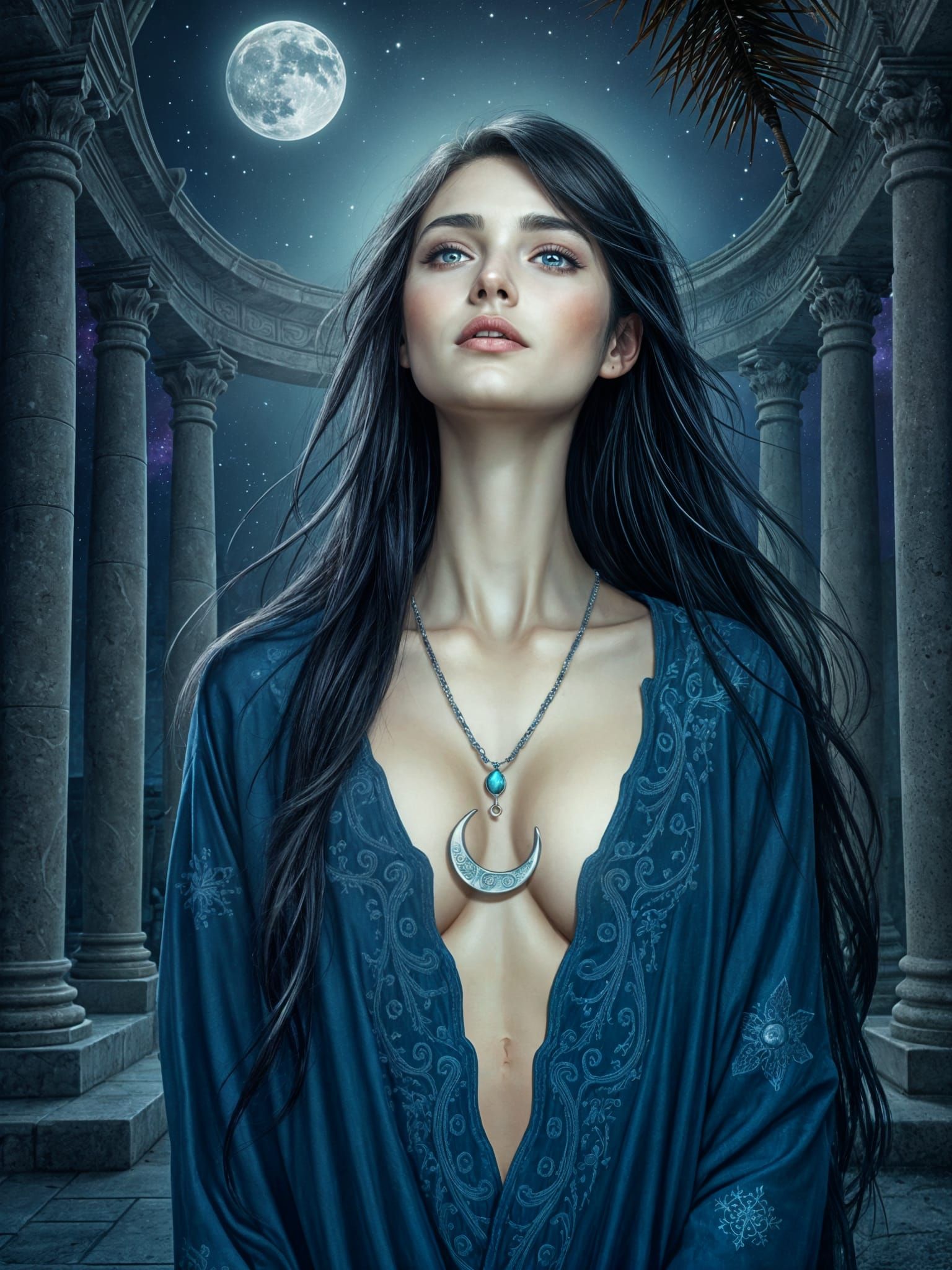 Moonlit Priestess Queen Contemplates Starry Night