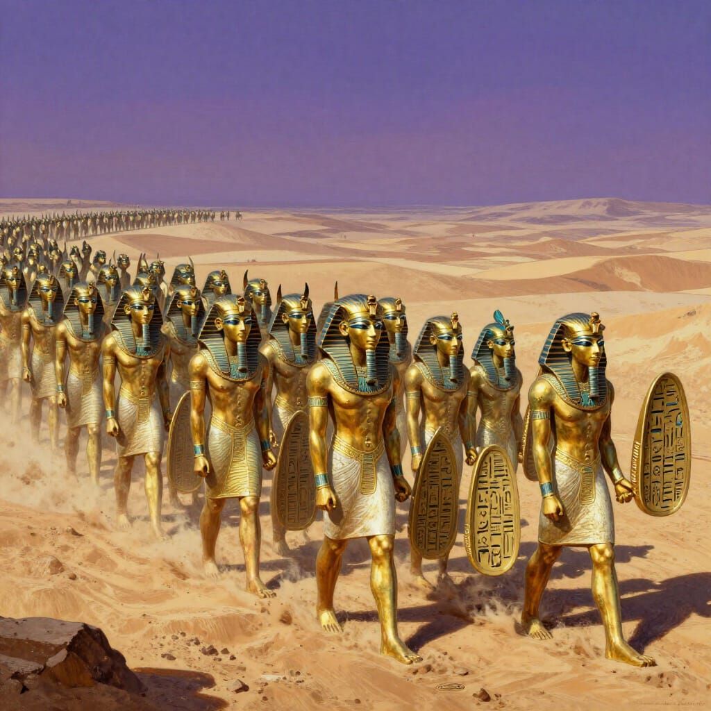 Colossal Egyptian Cartouche Army in Twilight Desert