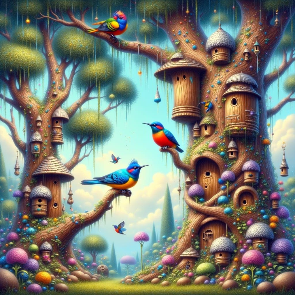 Ornate Birdhouses in Ethereal Fantasy Landscape