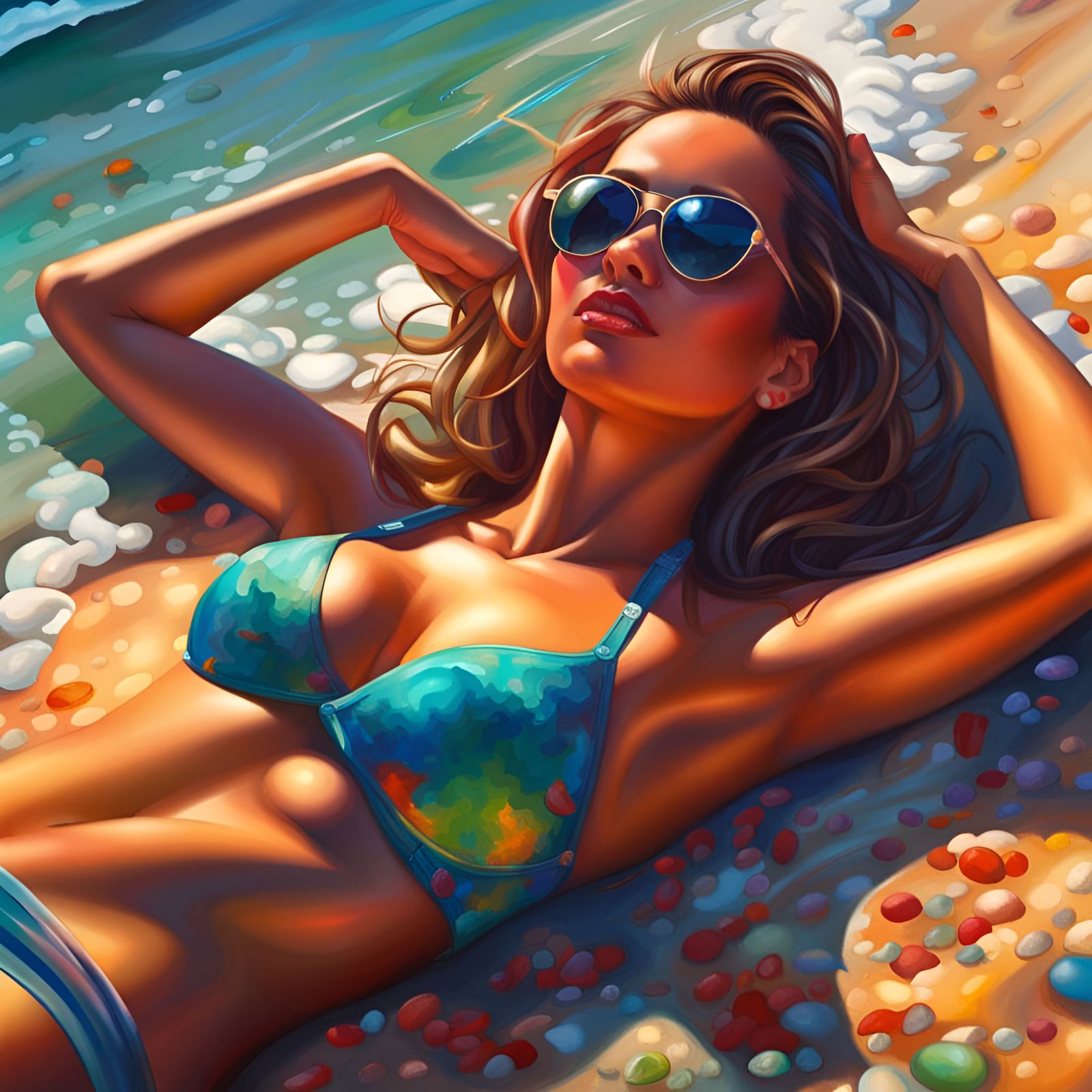 Hyperrealistic Bikini Woman on Beach in Splash Art