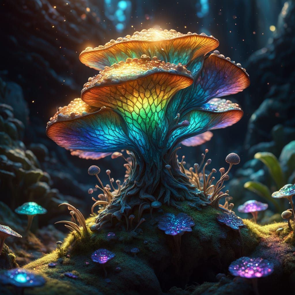 Surreal Fungal Creature in Vibrant, Iridescent Splendor