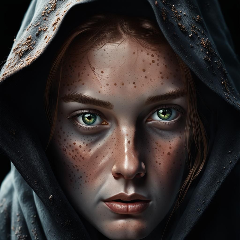 Cloaked Woman's Piercing Gaze: Hyperrealistic Digital Portra...