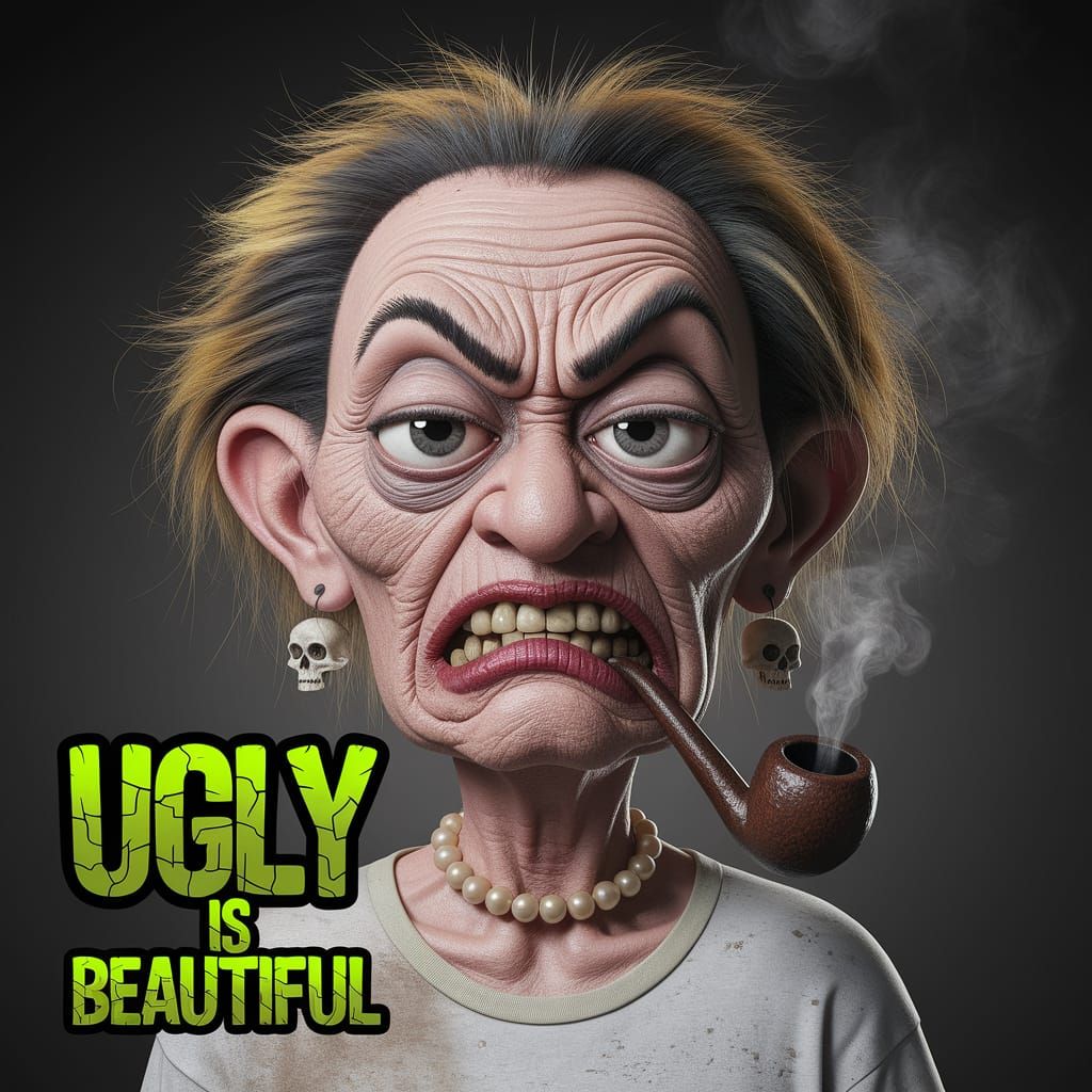 Ugly Woman Smoking Pipe in Grimy Comic Style