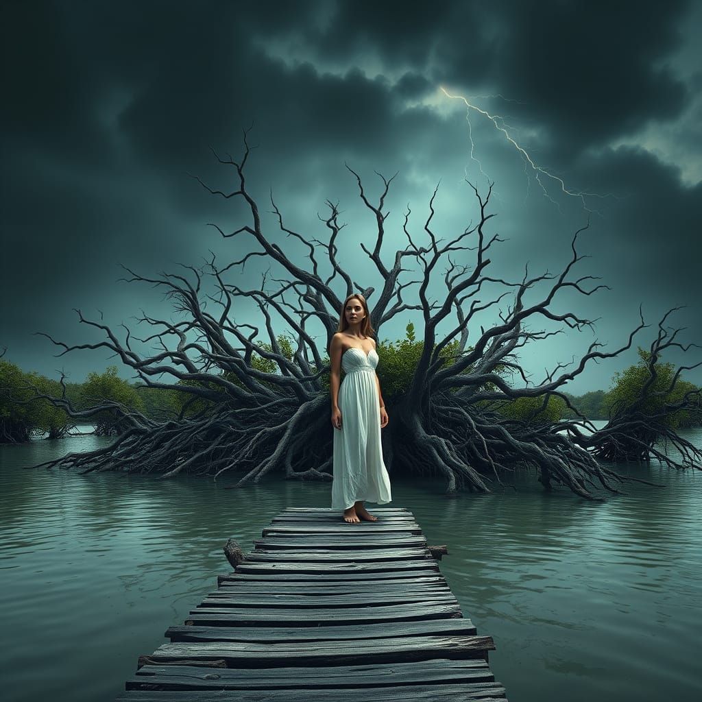 Young Woman in Haunting Tropical Landscape
