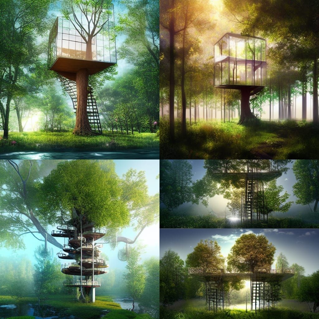Glass Treehouse in Sunlight: Digital Art Masterpiece