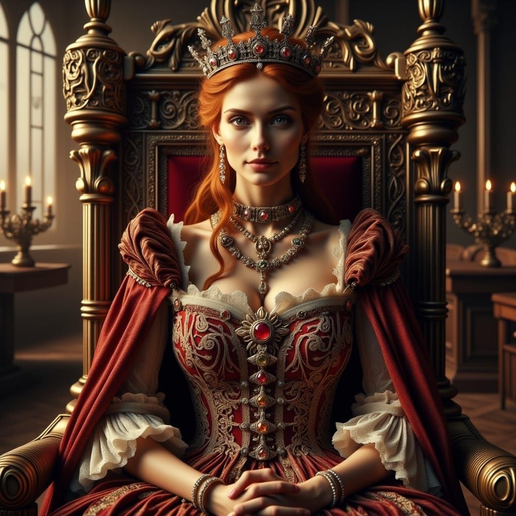 Regal Red-Haired Queen in Medieval Grandeur
