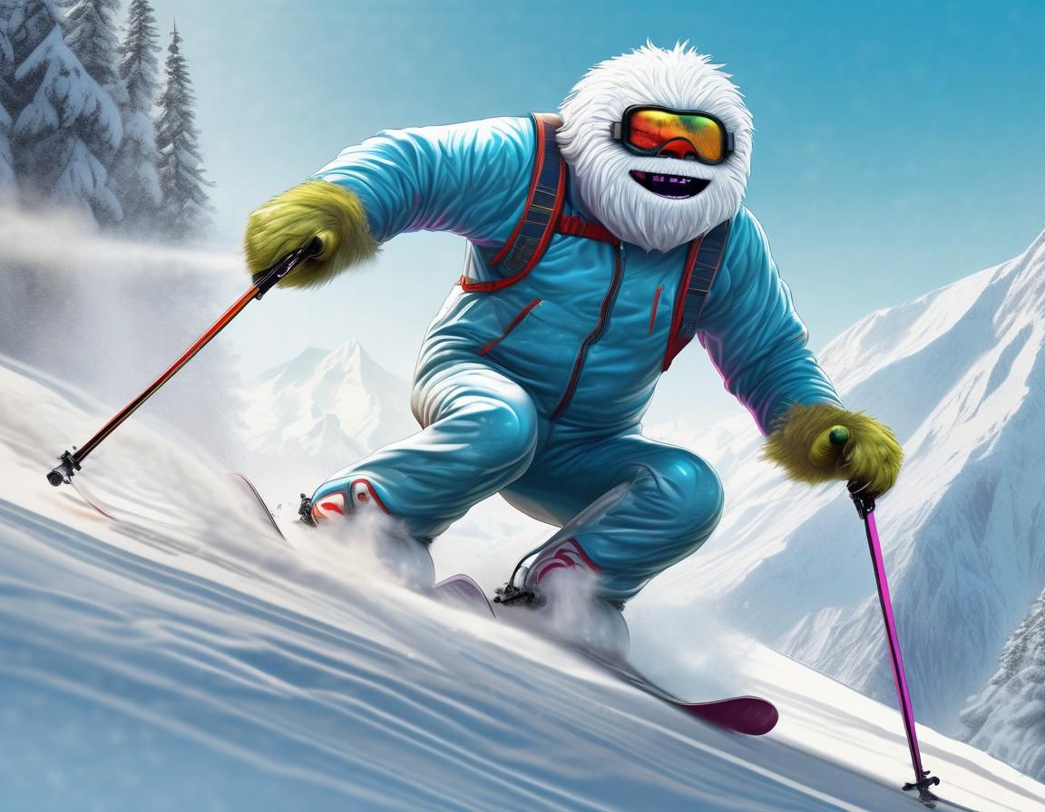 Yeti Slalom Skier in Hyperrealistic Splash Art