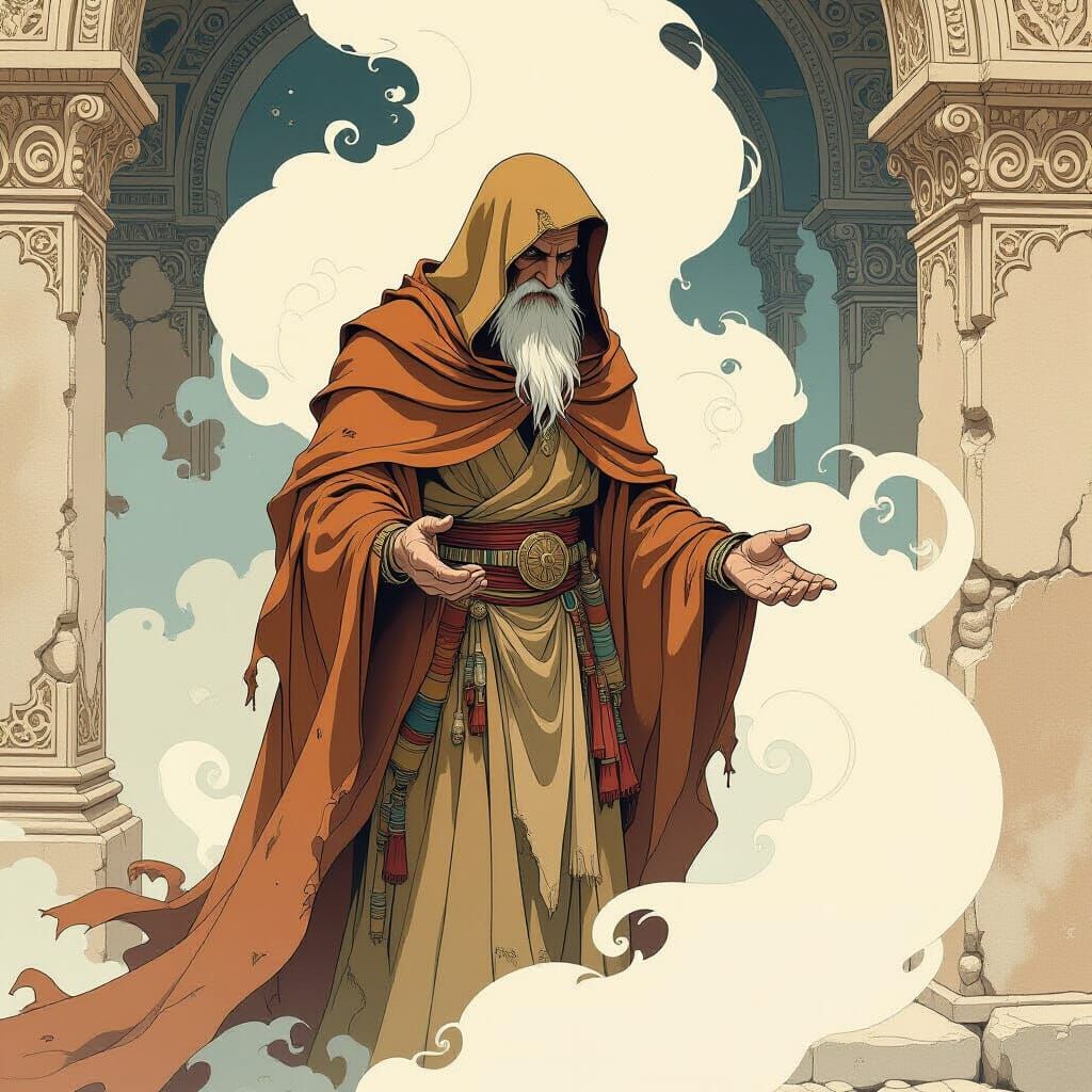 Wise Figure Amidst Ethereal Mist in Folk Art Style