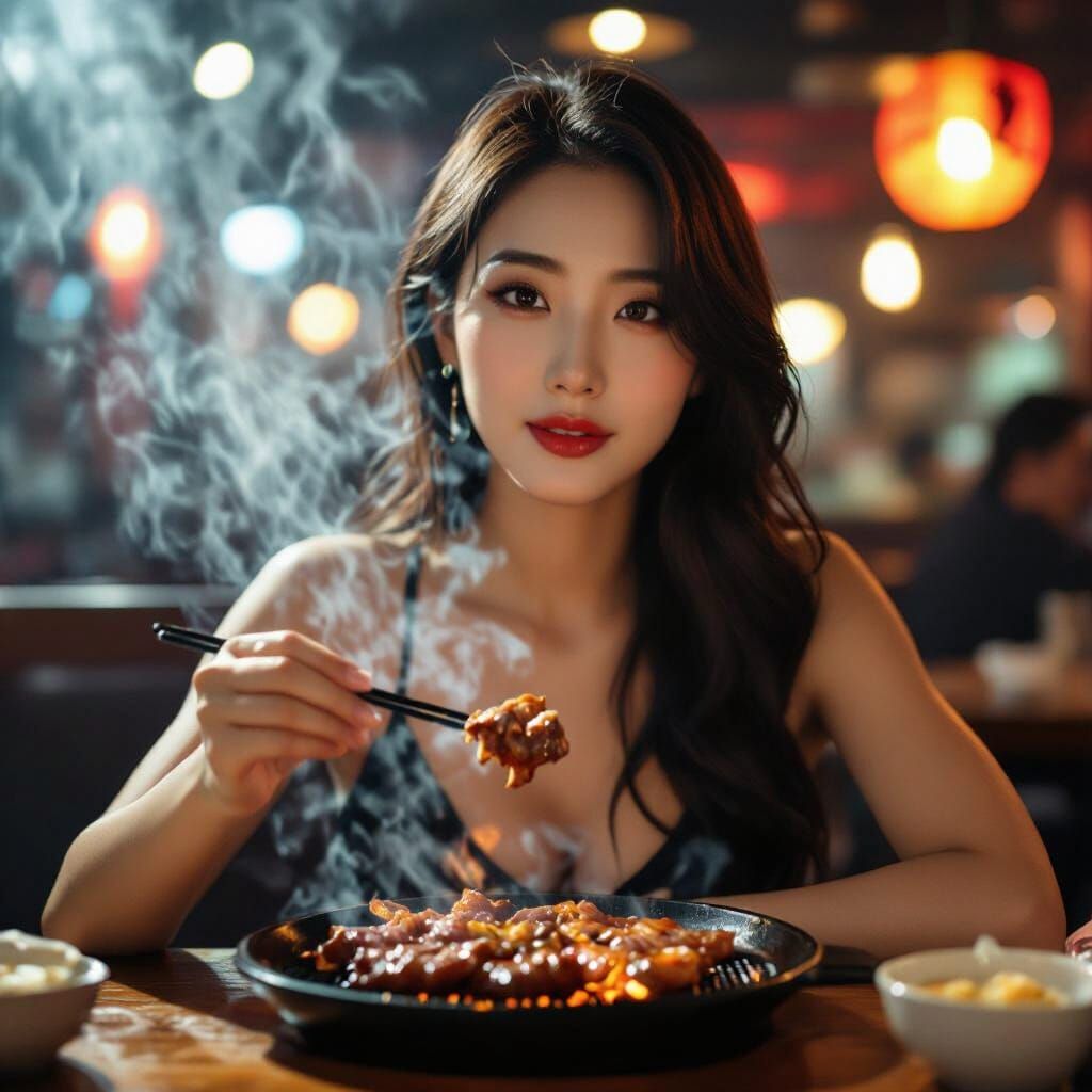 Hyperrealistic Korean Woman Enjoying Korean BBQ