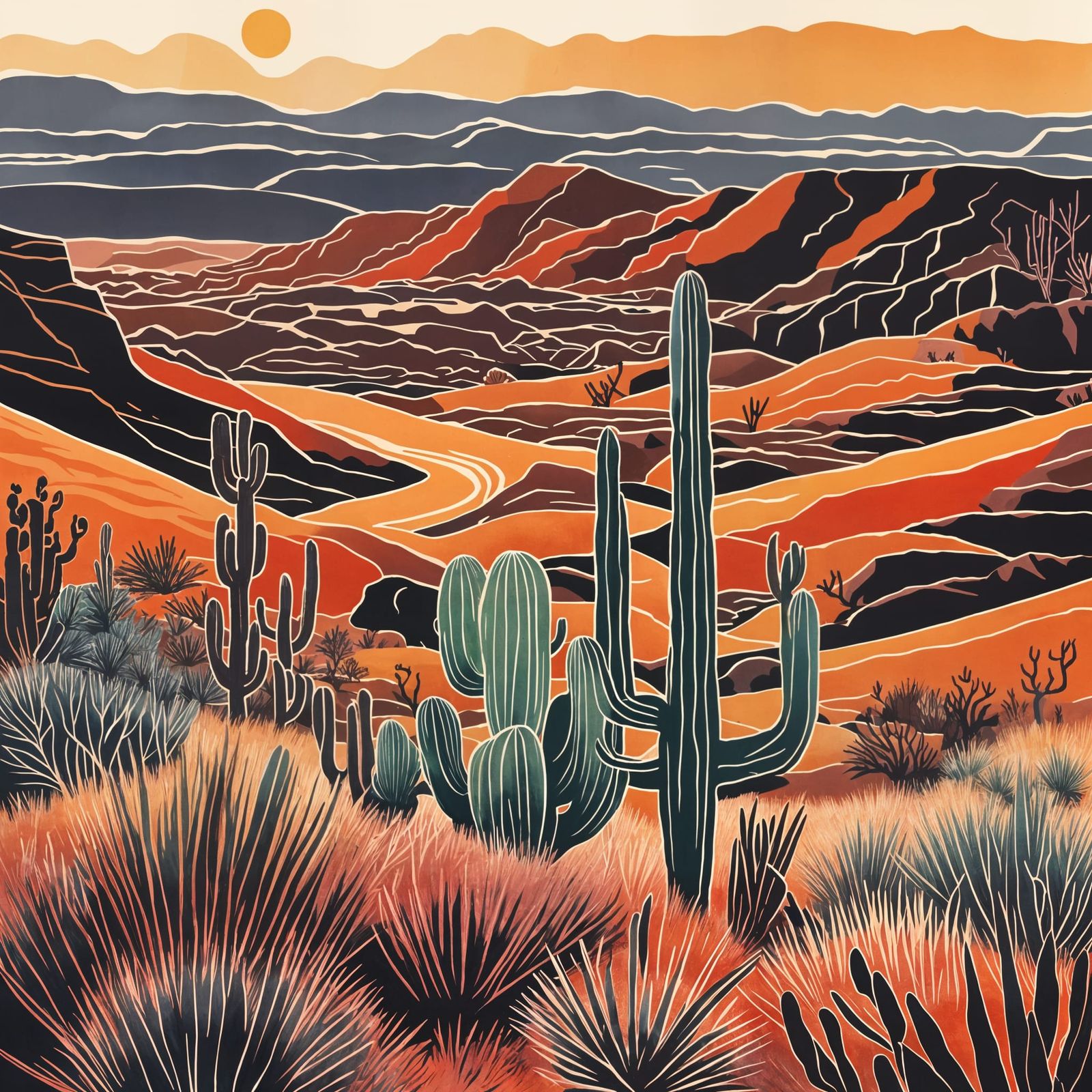 Desert Sunset Linoprint with Cacti and Pueblo