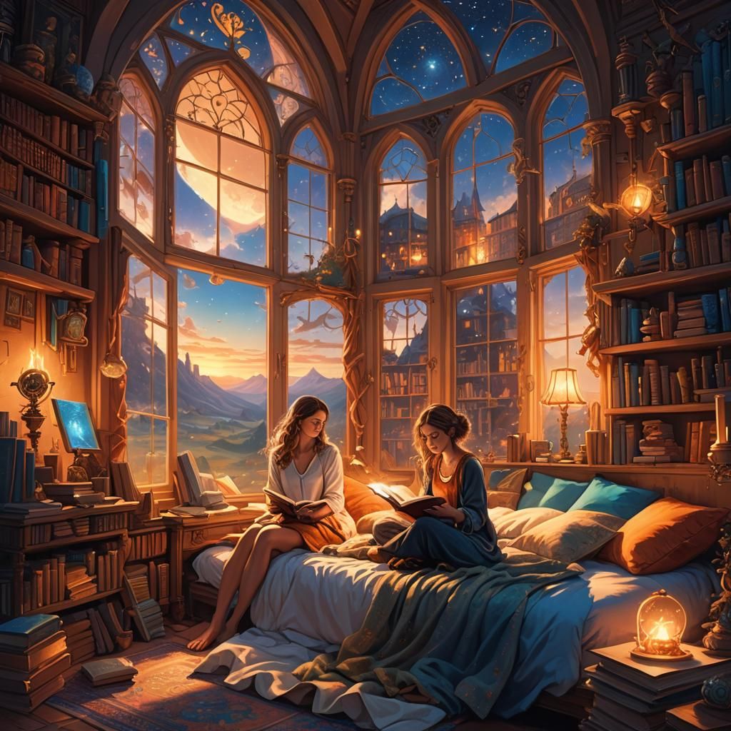 Enchanted Bedroom with Sunset View in Fantasy Art Style