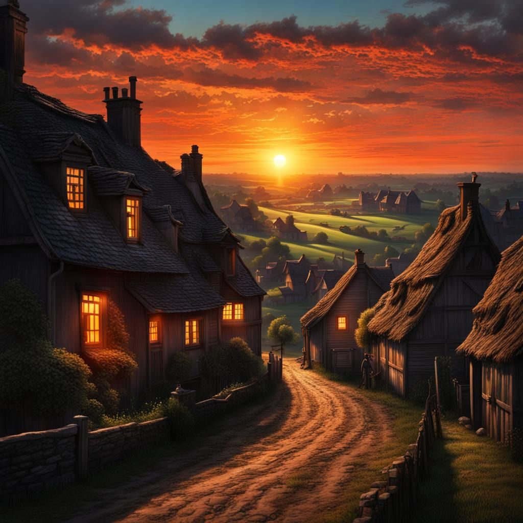 Apocalyptic Sunset Over Hyperdetailed Countryside Village