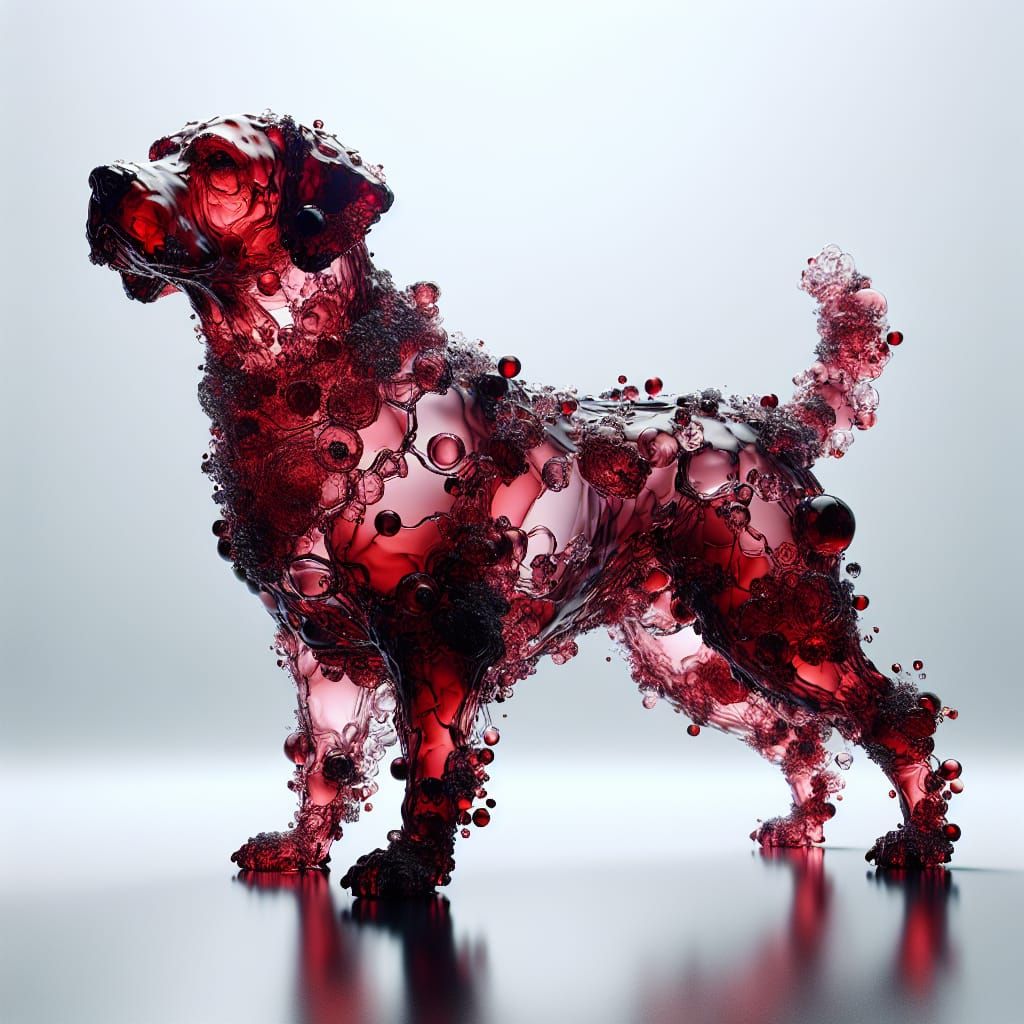 detailed and photorealistic 16K resolution CGI fine art image of a transparent Dog crafted from fragile red glass. The d...
