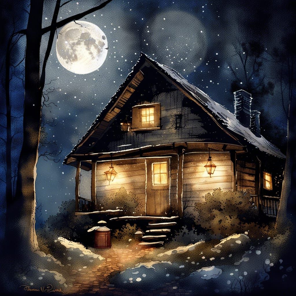 Cozy Cabin in Nighttime Woods. 2