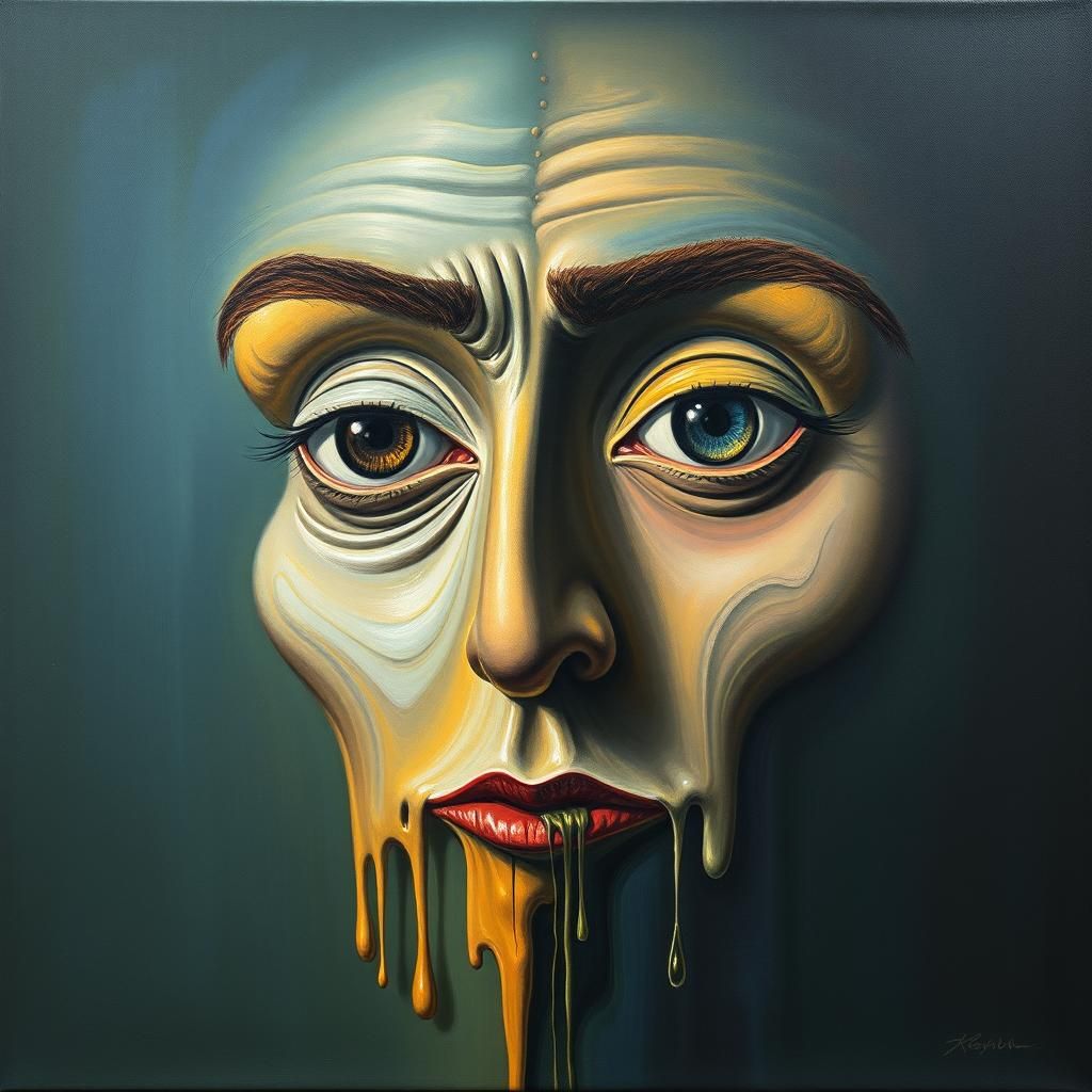 Surreal Figure Opens Eyes: Dali-esque Oil Painting
