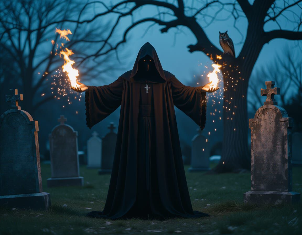 Warlock Resurrects Dead in Graveyard, Dramatic Photography