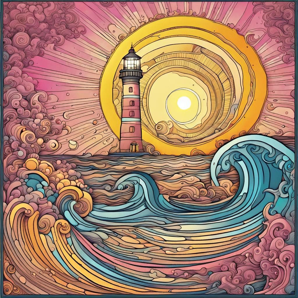 Ocean Lighthouse Doodle with Abstract Vector Elements