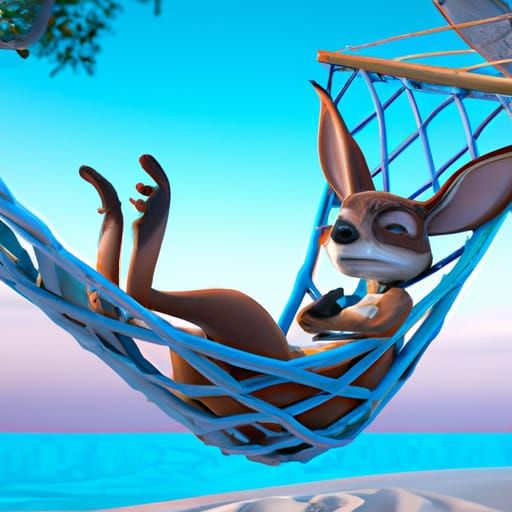 Kangaroo Relaxing in Hammock on Beach as 3D Render