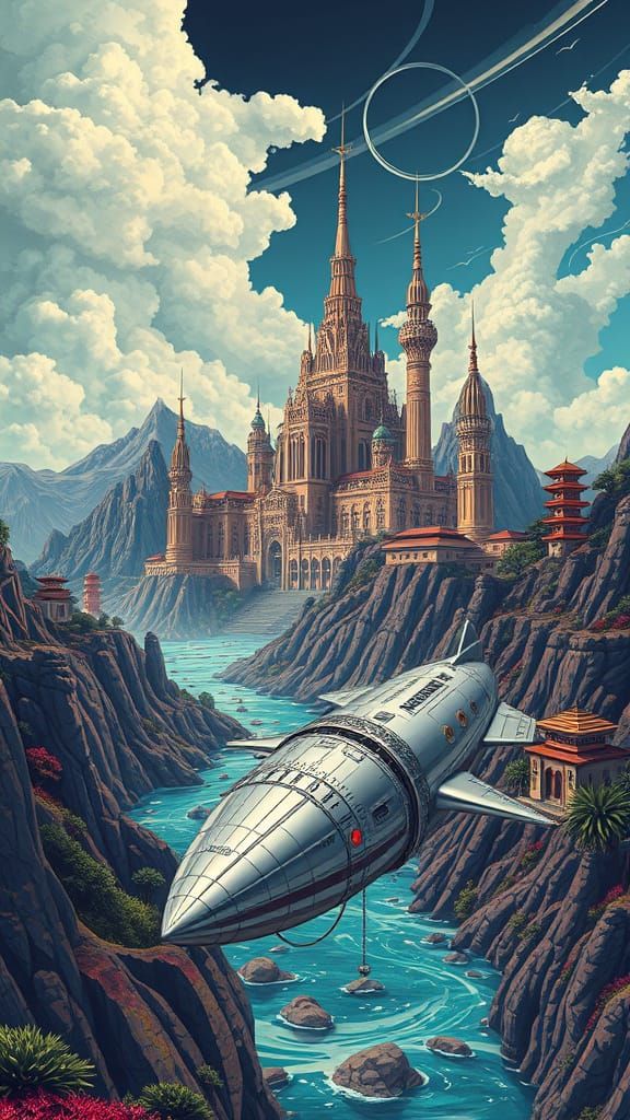 Majestic Yuggoth City with Interstellar Rocketship