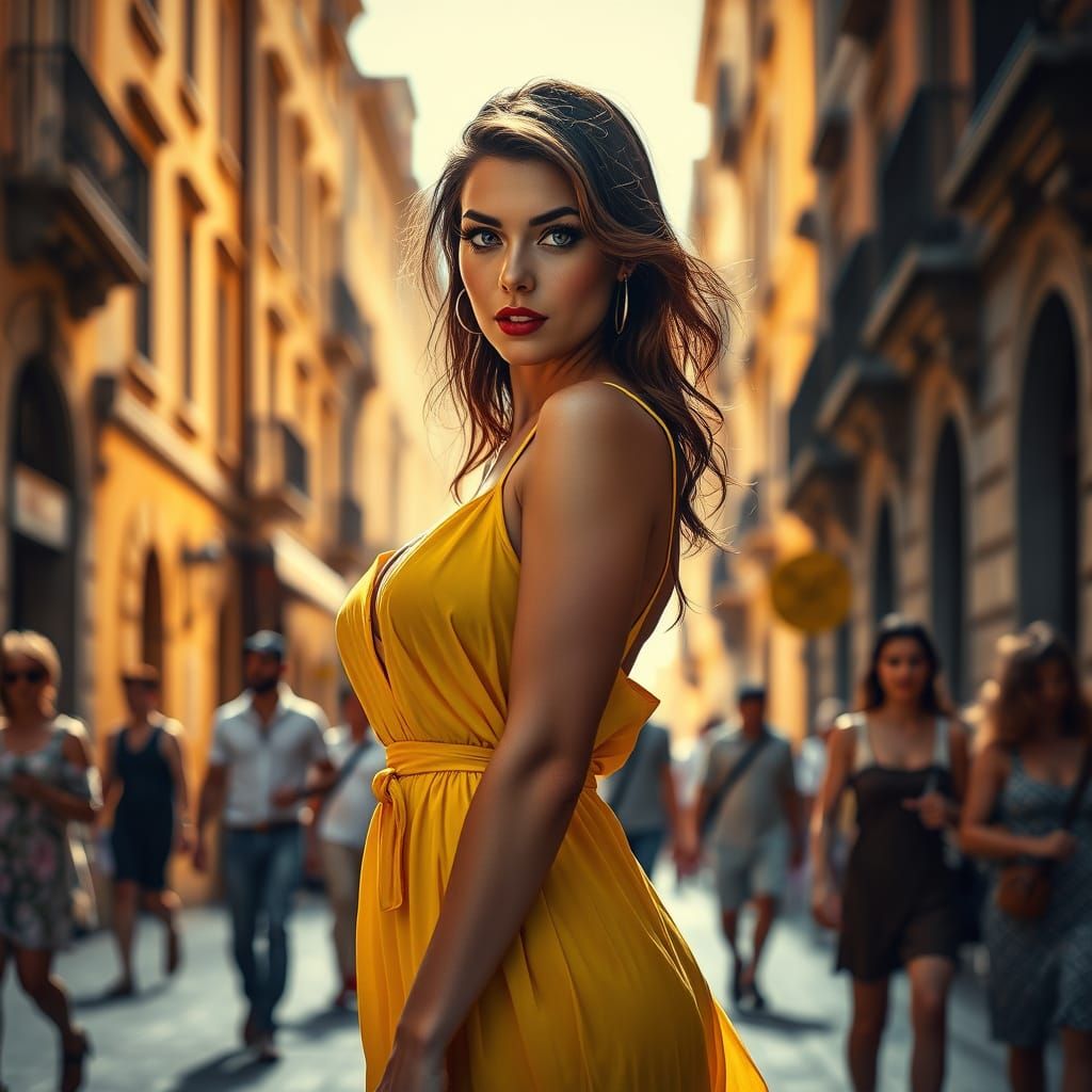 a confident Italian woman in a summery yellow sundress. She ...