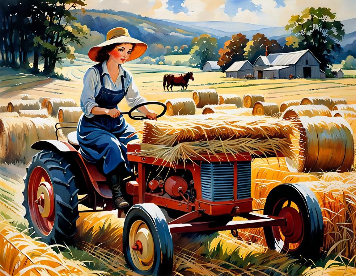 Joyful Farmer Driving Hay: Detailed Polychromatic Painting