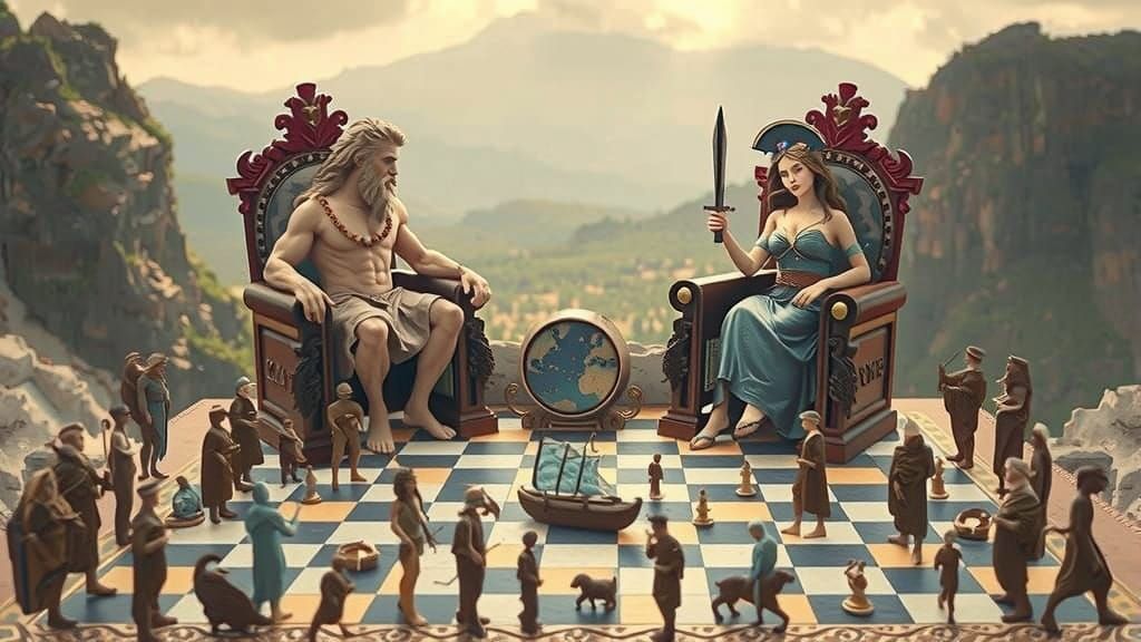 Zeus and Hera Play Chess with Mortals' Fate on Olympus