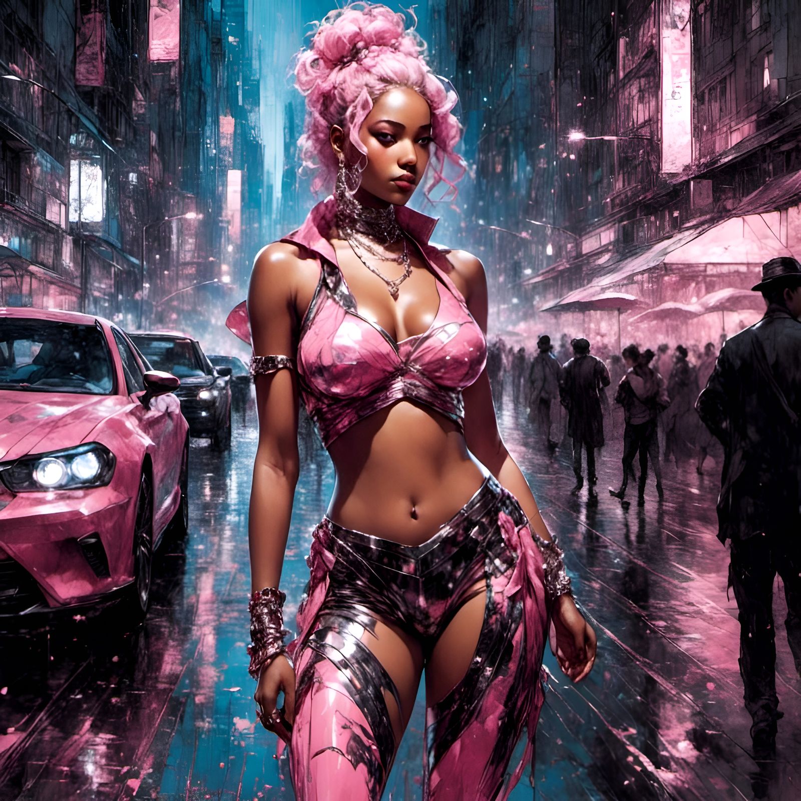 Abstract Pink Cyberpunk Beauty in Futuristic City