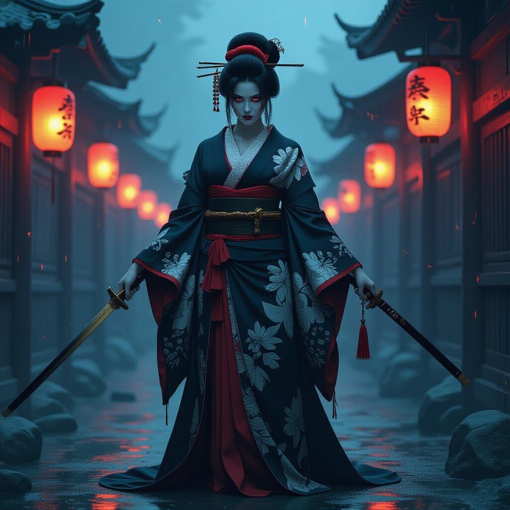 Victorious Demon Geisha in Dark Gothic Style