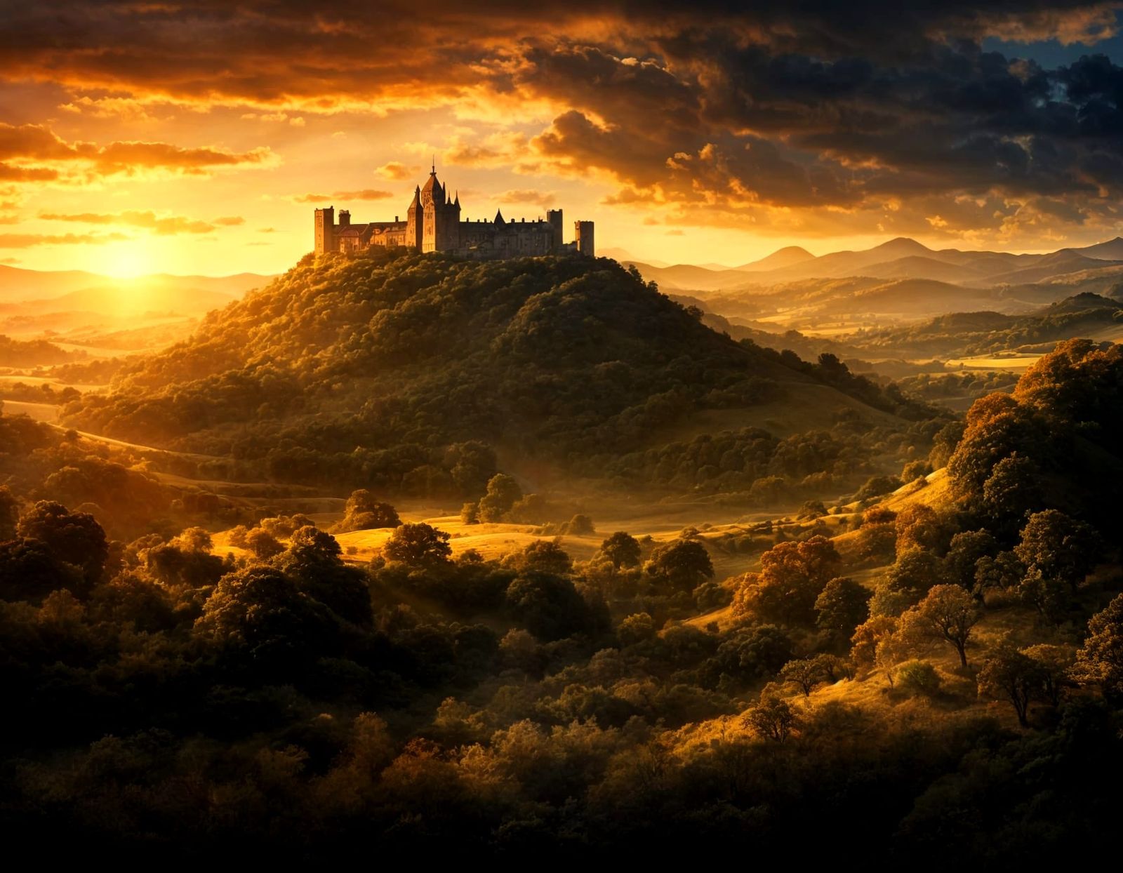 Golden Sunset Over Hills with Castle Silhouette