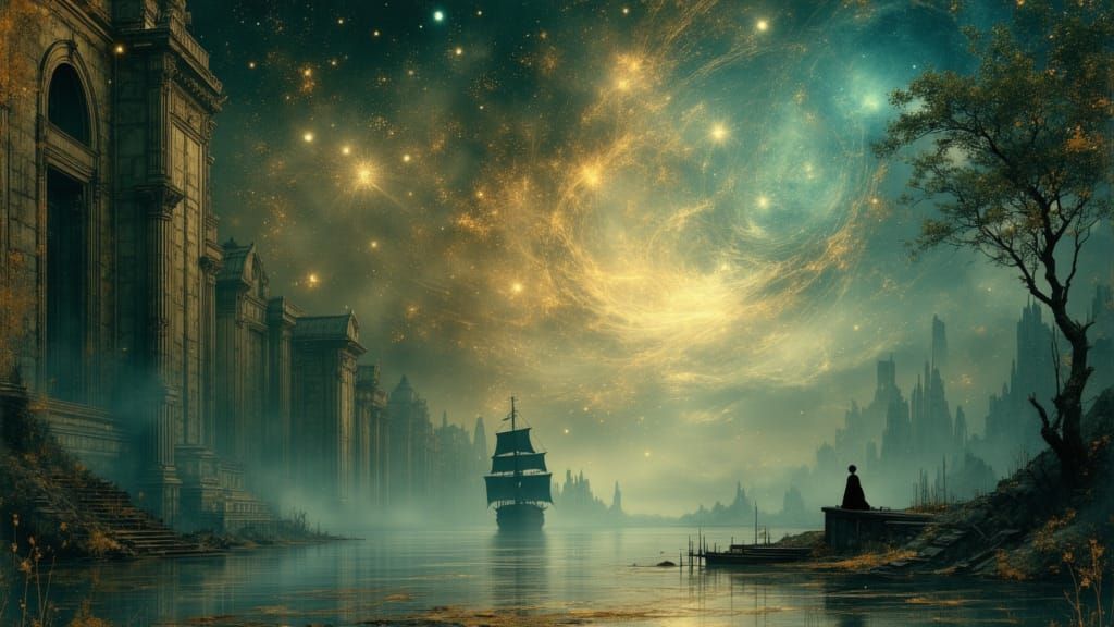 Pirate Ship Navigates Spectral River in Dark Fantasy