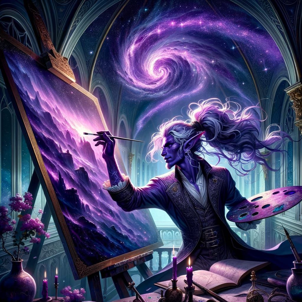 Celestial Tiefling Artist Painting a Nebula
