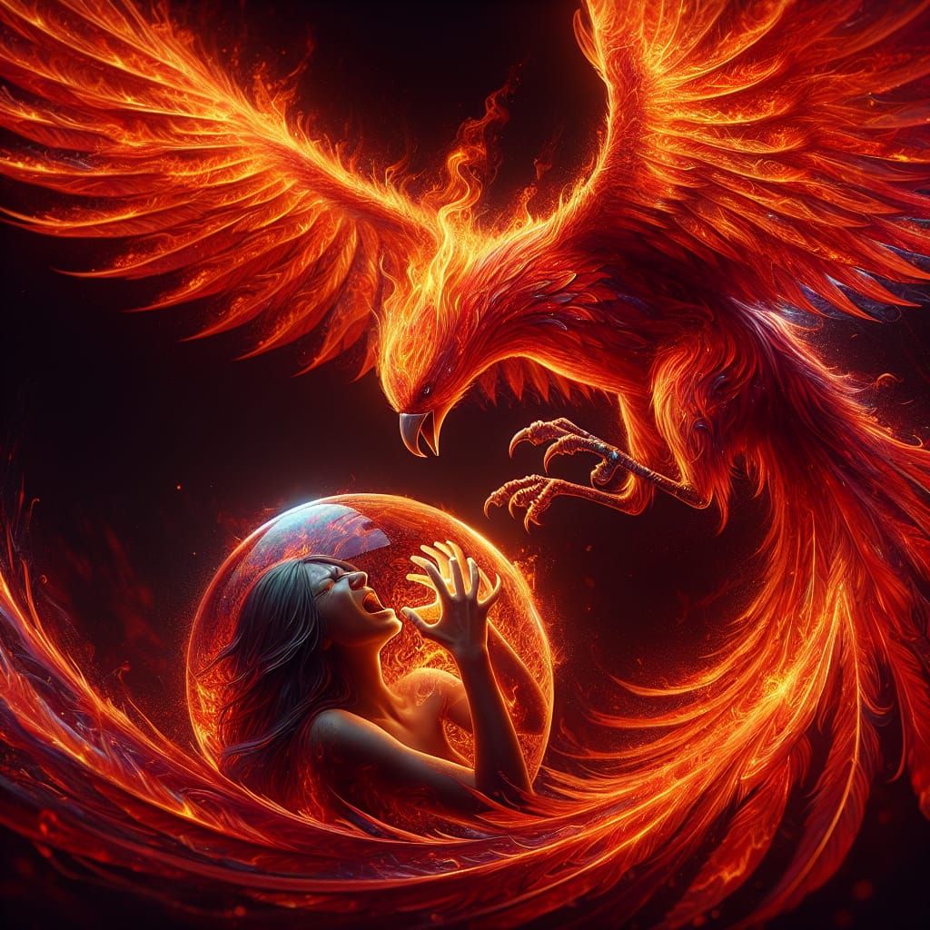 Phoenix Bird Carrying Glass Orb with Trapped Woman