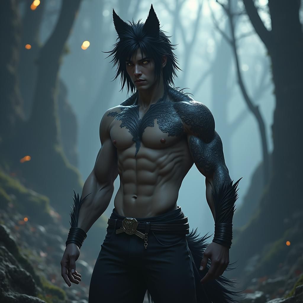 Wolf-Eared Man in Dark Magical World: Fantasy Art