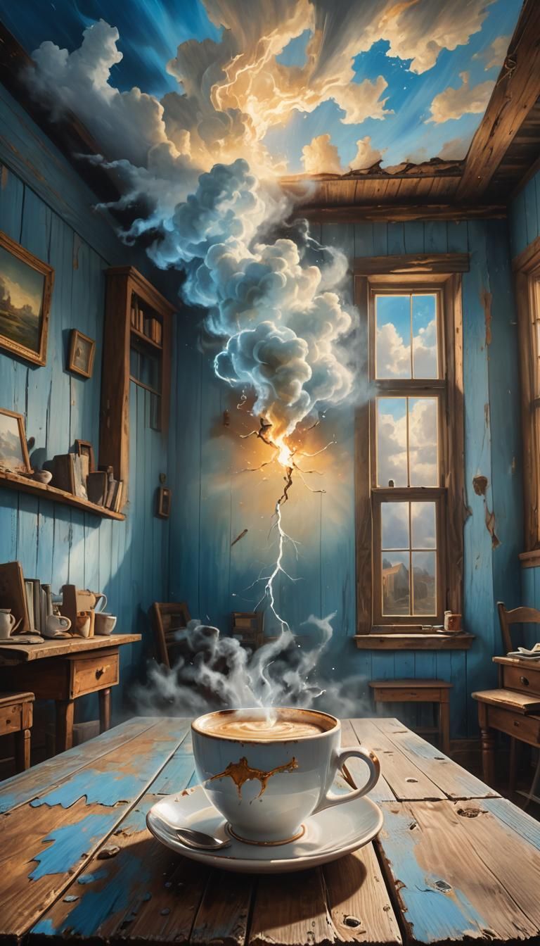 Coffee Cup Miniature Storm in Dreamy Oil Painting