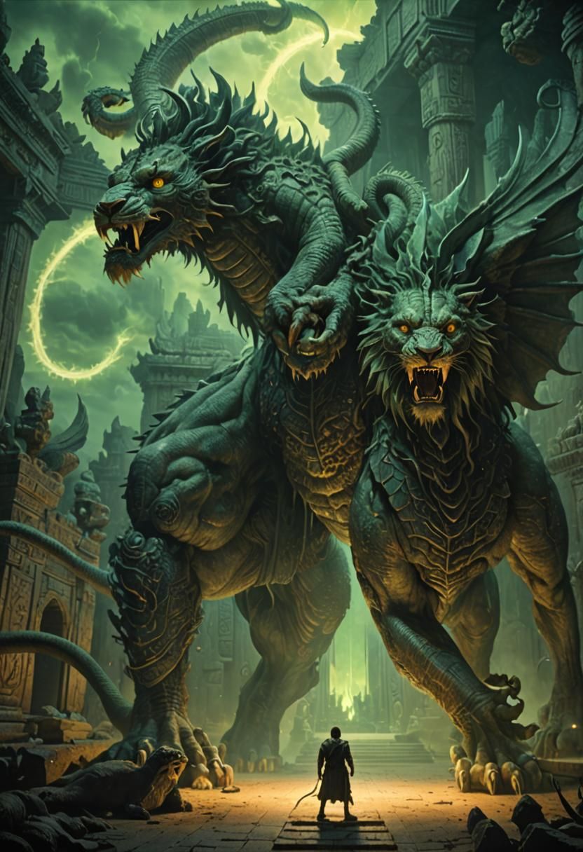 Majestic Chimera in Ancient Temple: Fantasy Concept Art