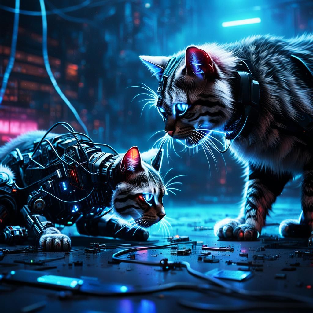Cyberpunk Robot Cat Witnesses Fellow Robot's Collapse in a G...
