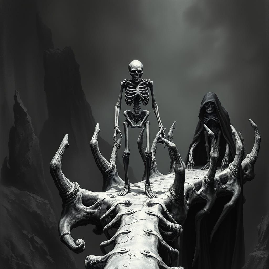 Skeletal Sentinel Guards Bone Bridge in Dark Fantasy Style