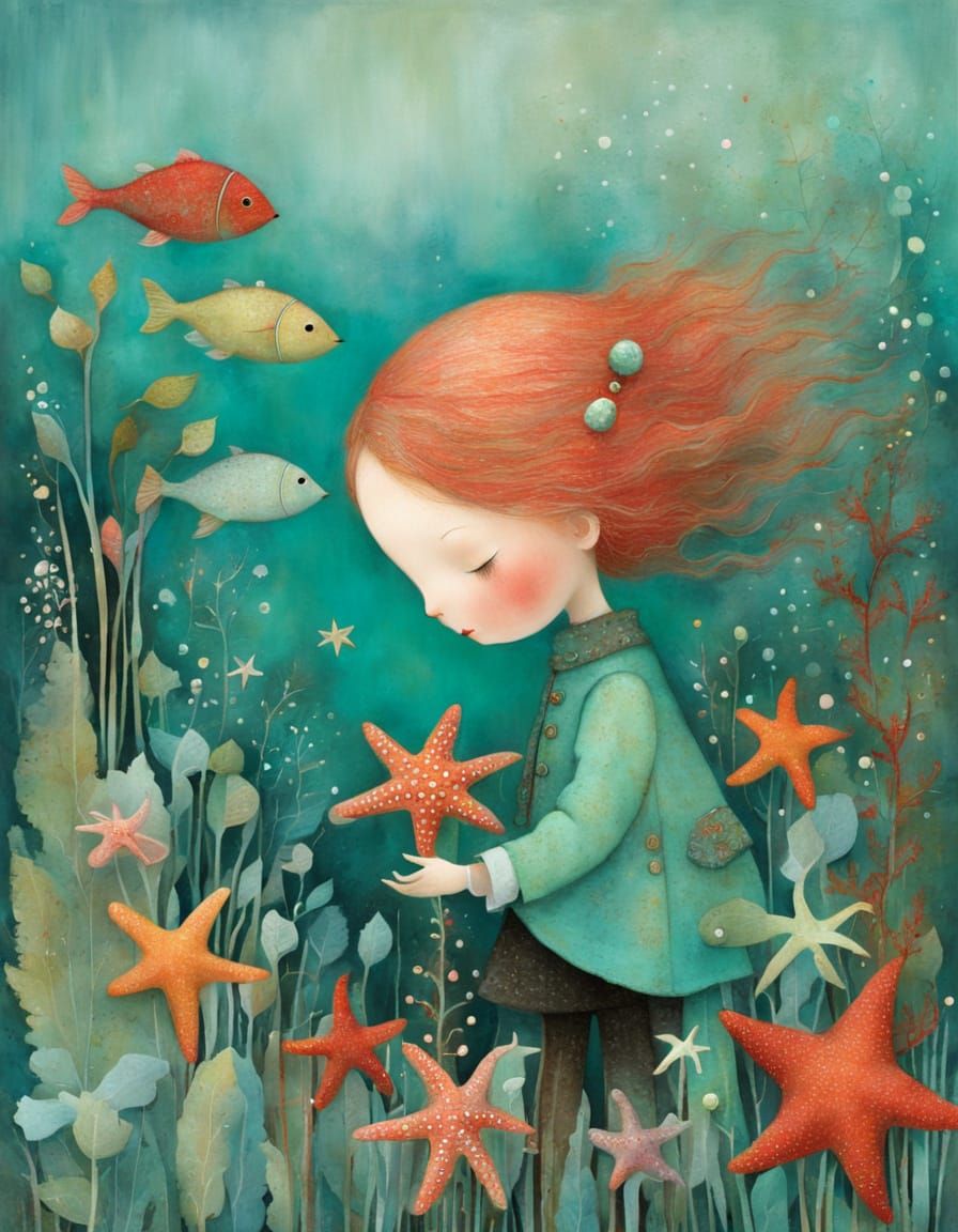 Vibrant Underwater Scene with Starfish and Seaweed in Aqua C...