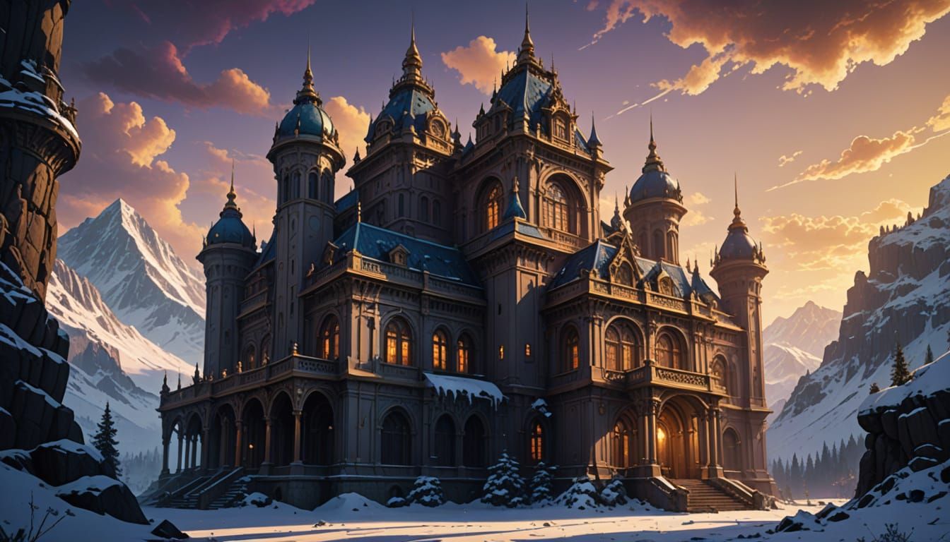 Ethereal Fantasy Palace in Snowy Mountains
