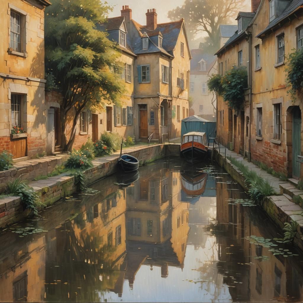 Impressionist Canal Scene with 18th Century Houses