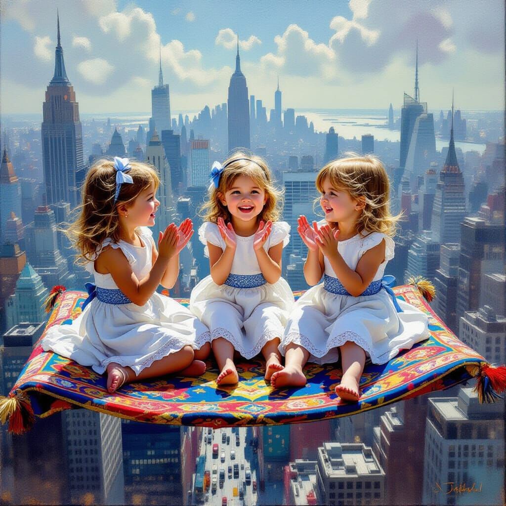 Girls on Magic Carpet Fly Over City as Oil Painting