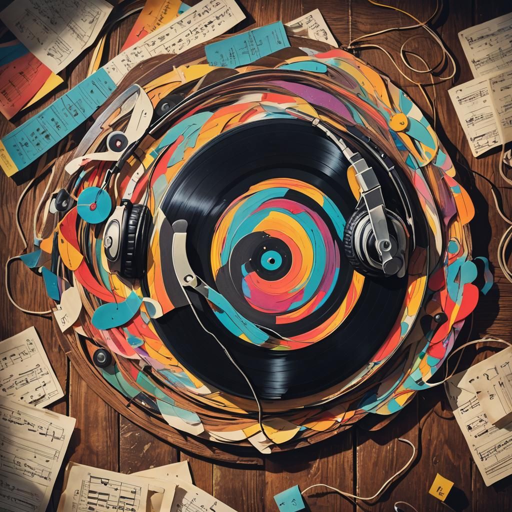 Retro Album Art with Vinyl Record and Headphones