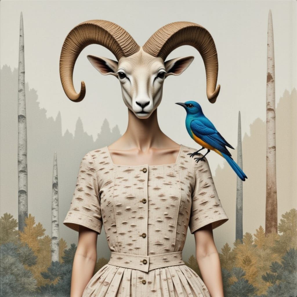 Woman with Bighorn Sheep Head in Birch Bark Dress