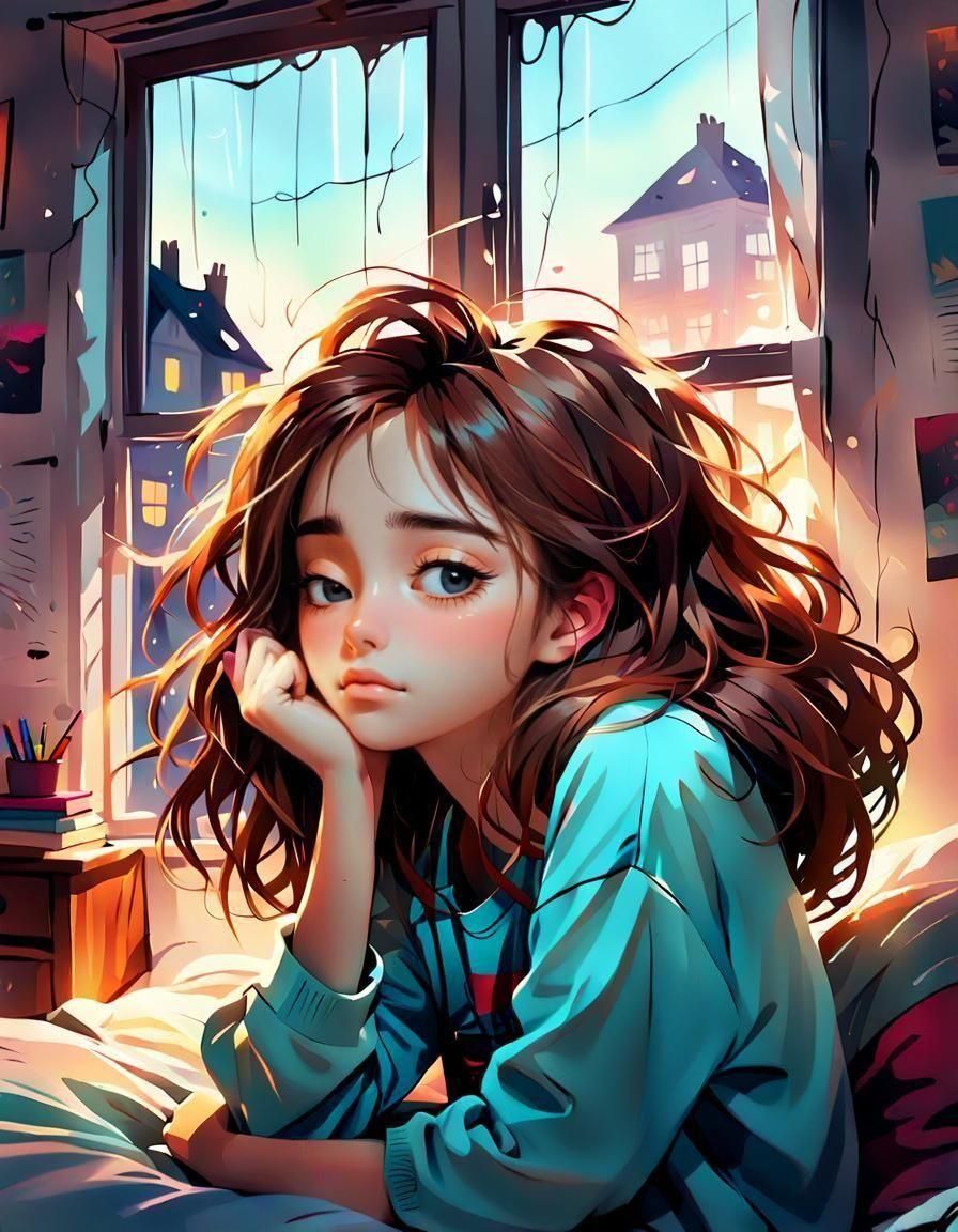 Cartoon Teenage Girl with Messy Morning Hair